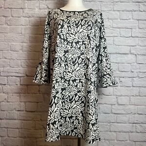 Madison Black White Floral Shift Dress Faux Leather Trim Women's Large